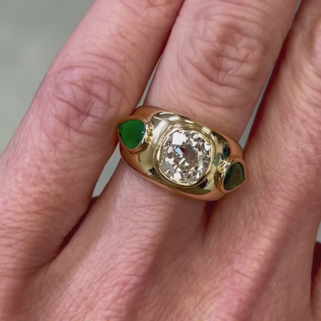 Old Cut Diamond and Emerald Gypsy Ring